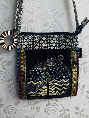 Laurel Burch Cat Print Crossbody Bag Bohemian Geometric Strap & Beaded details